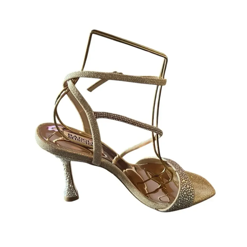 Badgley Mischka Sally Curvy Heel Stiletto Sandal Gemstone Plantino Gold NEW 10